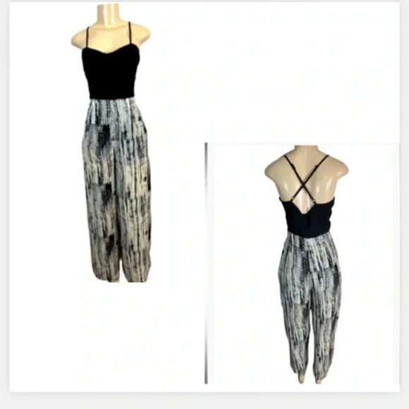 Pinky Jumpsuit black&cream print spaghetti strap sleeveless polyester size small - Picture 1 of 12